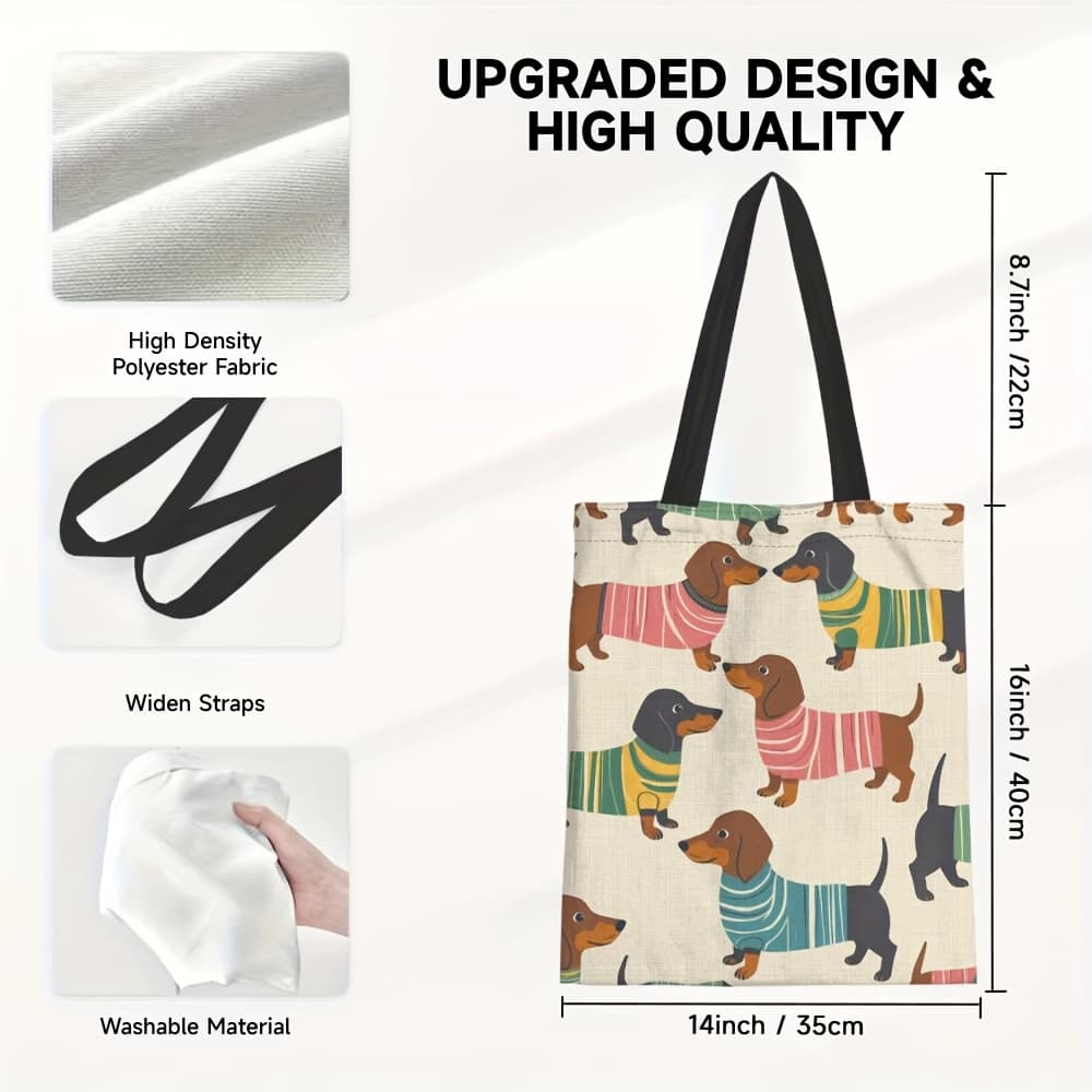 TEMU 1pc Dachshund Print Tote Bag - Lightweight & Durable Shoulder Handbag With Sausage , Perfect For Beach, School, Travel, Work, And Shopping, Travel Carryall
