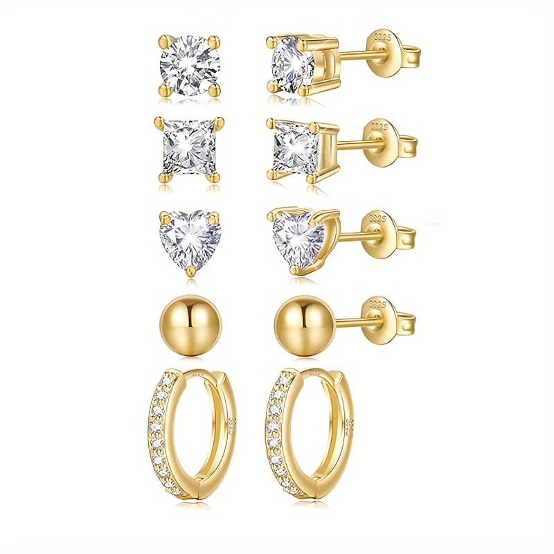 TEMU 925 Sterling Silver Women's Stud Earrings 14k Golden Plated Earrings Hypoallergenic Cubic Zirconia Small For Multiple Piercings