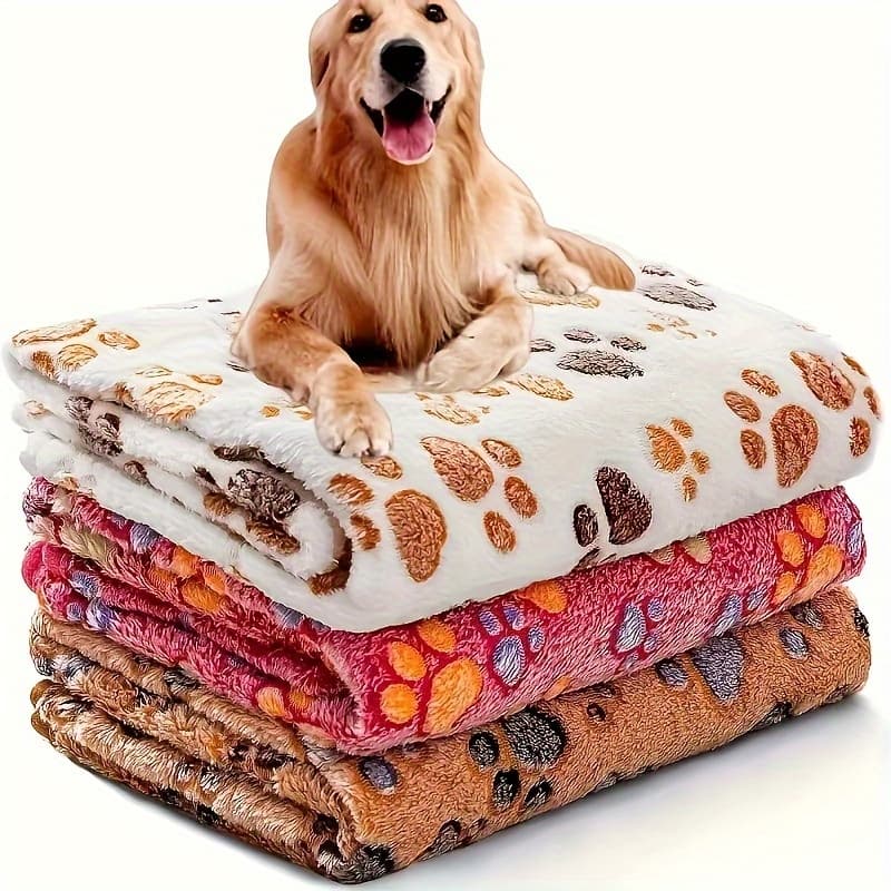 TEMU 3pcs Coral Fleece Pet Blankets For - Soft Polyester Fiber, Machine Washable, With Paw Print Design - Versatile For Small To Large Breeds