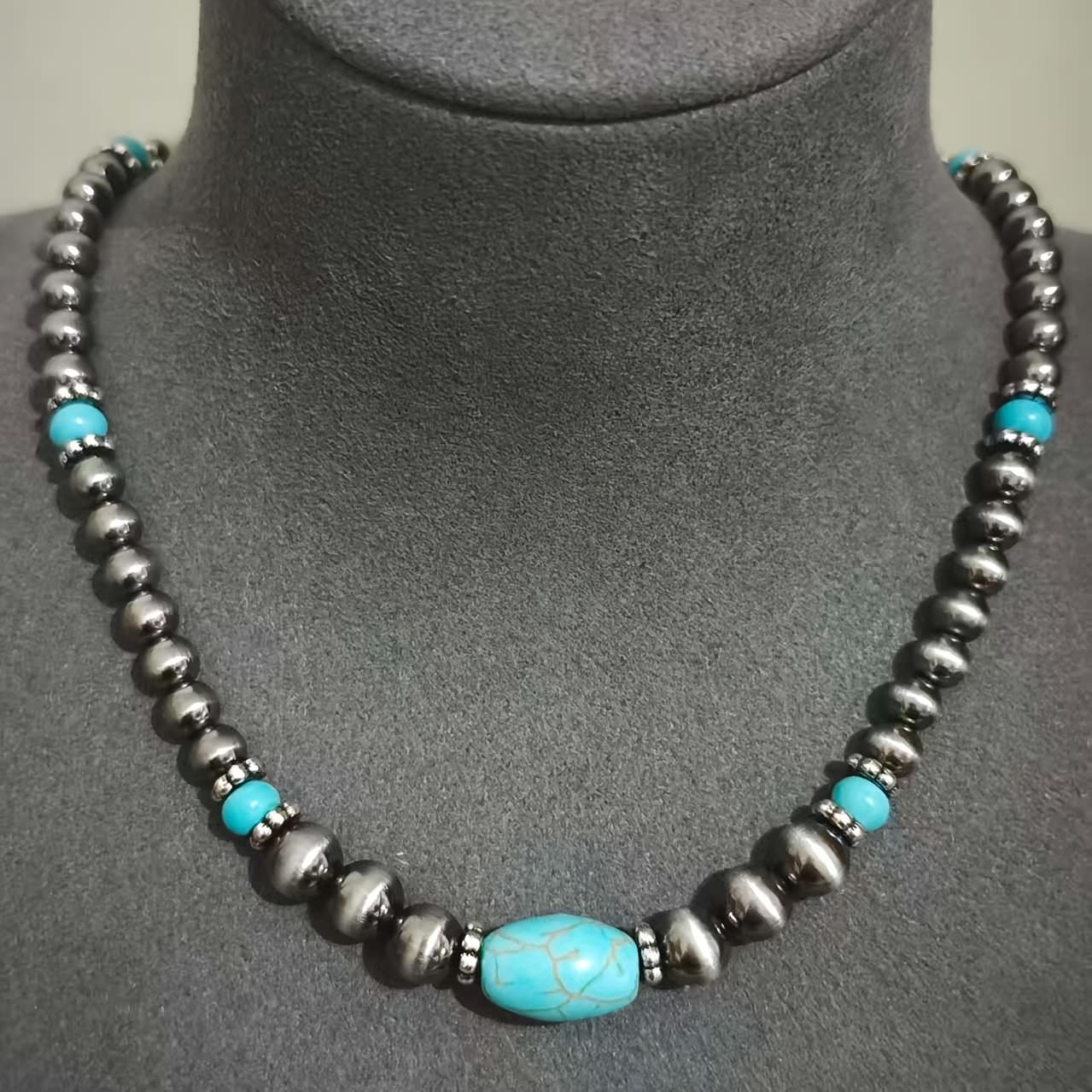 TEMU 1 Vintage Ethnic Style Turquoise Necklace, Western 's Antique Silvery Beaded Jewelry