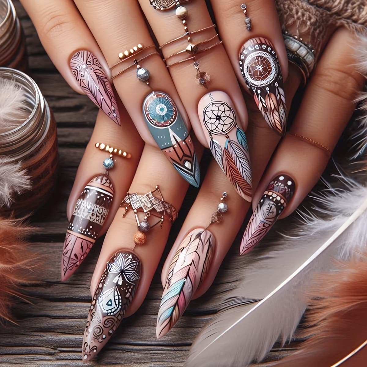 TEMU 24pcs Autumn Winter Wind Chime Feather Bohemian -on Nails Women Medium Length Almond Shape Mandala Style False Nails For Daily Wear Party Travel Holiday Fake Nails