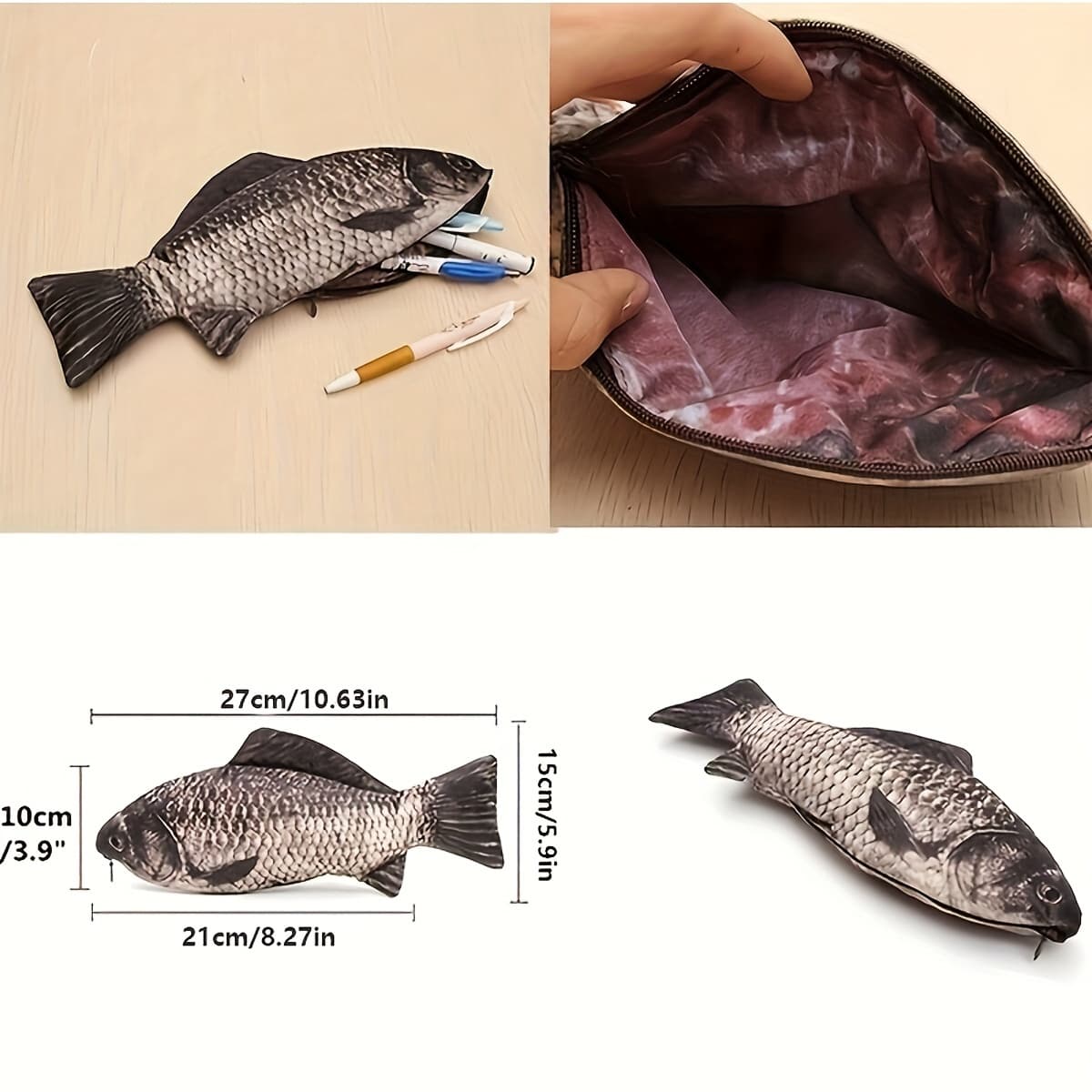 TEMU Realistic Carp-shaped Pencil Case - Durable Polyester, Everyday Office Supplies