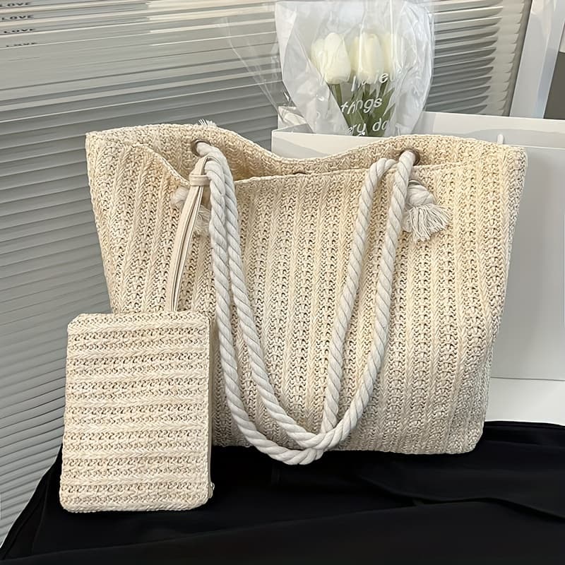 TEMU Women Summer Woven Large Capacity Straw Shoulder Bag Handamde Top Handle Tote Bag With Small Purse