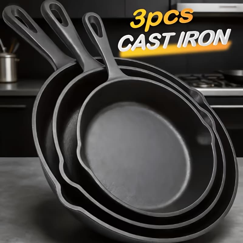 TEMU 3pcs Cast Iron Pan Set - Heavy-duty Cookware Suitable For Steak, Eggs, & Searing - Distribution, Indoor/outdoor Use - No Coating, Hand Wash Only (3pcs Pans)