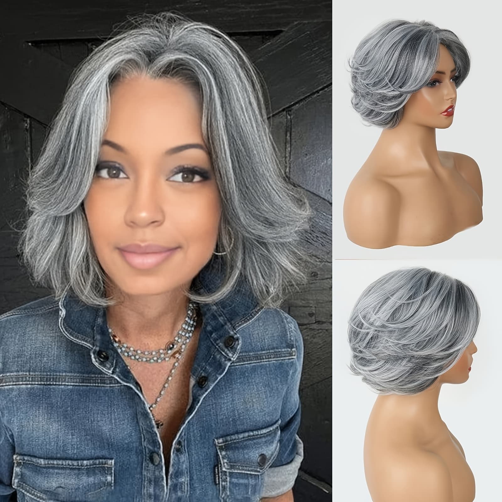 TEMU 12 Inch Grey Layered Bob Wig For Women Short Bob Wig With Curtain Bangs Cut Curly Wig Synthetic Wavy Wig Daily Party Cosplay Wig