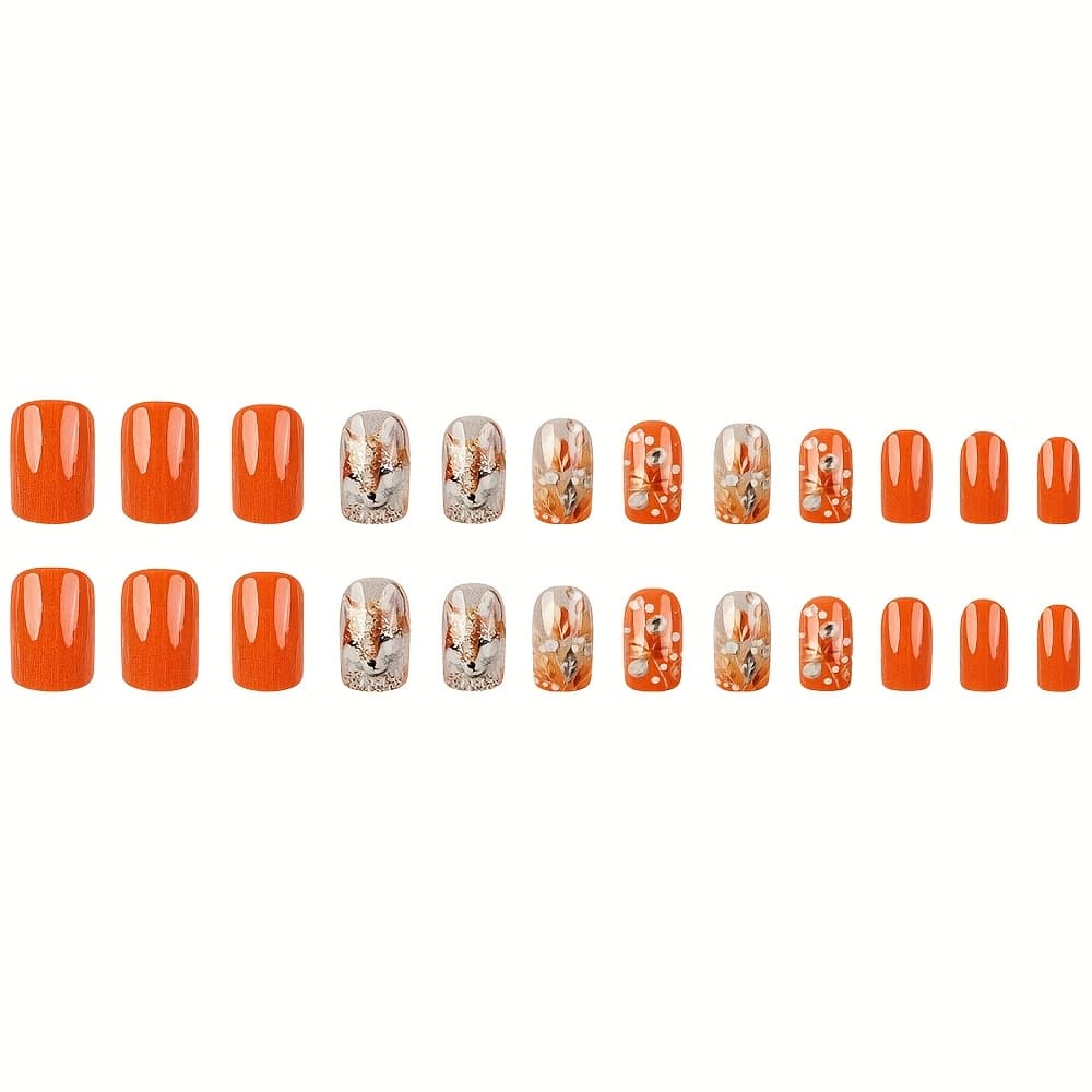 TEMU 48pcs (2pcs) Including 24pcs ( 1pc) Mistery Cute Little Animal Orange Flash Glitter Fake Nails With Gradient Glitter Artificial Reusable False Nails For Women And