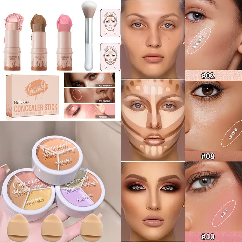 TEMU 10pcs Makeup Kit, 3x Concealer Palette & 3x Contour Stick + Brushes, Full Coverage Waterproof For Contouring & Dark Circle Correction, Creamy Non-comedogenic, Christmas Gift Set For Beginners