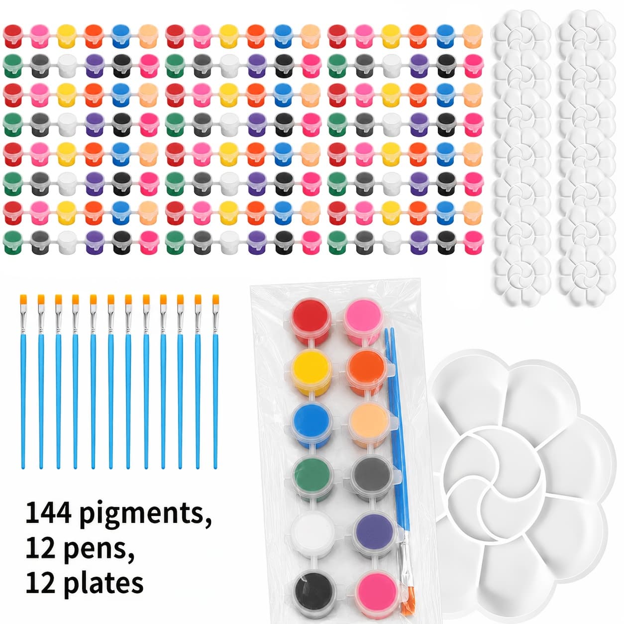 TEMU 168pcs(144 Pigments, 12 Pens, 12 Plates) Paint Set Washable Mini Painting Set Art And Craft Paint Party Gift Fill Paint Brush Palette Bulk Home Set Supplies (bright Colors))