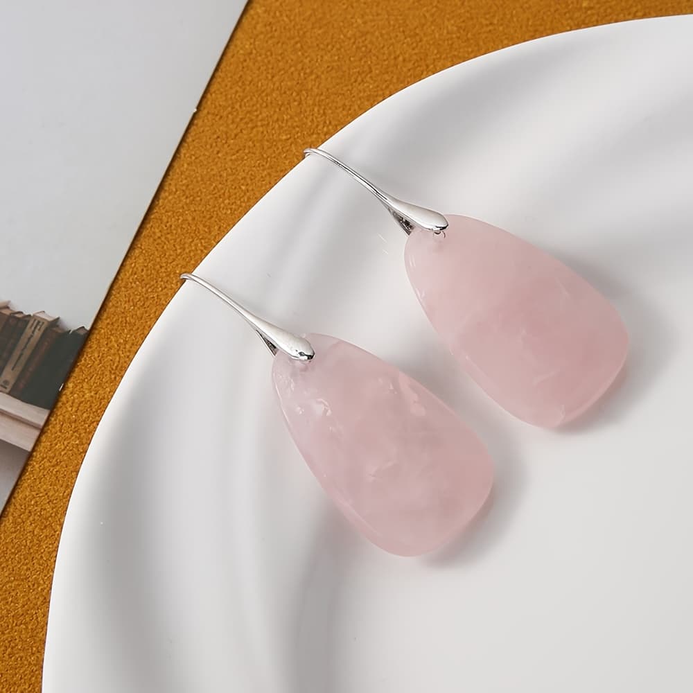 TEMU Rose Quartz Dangle Earrings, Natural Stone Bohemian Elegant Soft Pink, Women's Handmade Dangle Earrings, Chic And Elegant Jewelry For Any Occasion