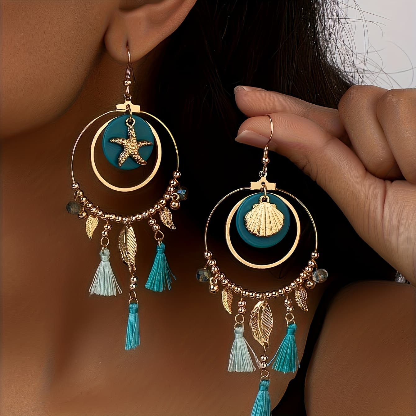 TEMU Bohemian -themed Earrings For Women Featuring Starfish And Shell Designs In Blue And Green