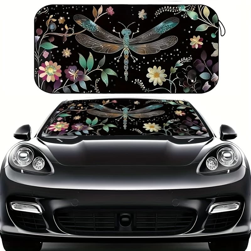 TEMU Dragonfly And Floral Print Sunshade, Full Of , Made Of Polyester Fiber, Blocking Harmful , With Insulation And Privacy Protection, Keeping Your Car Cool, Foldable For