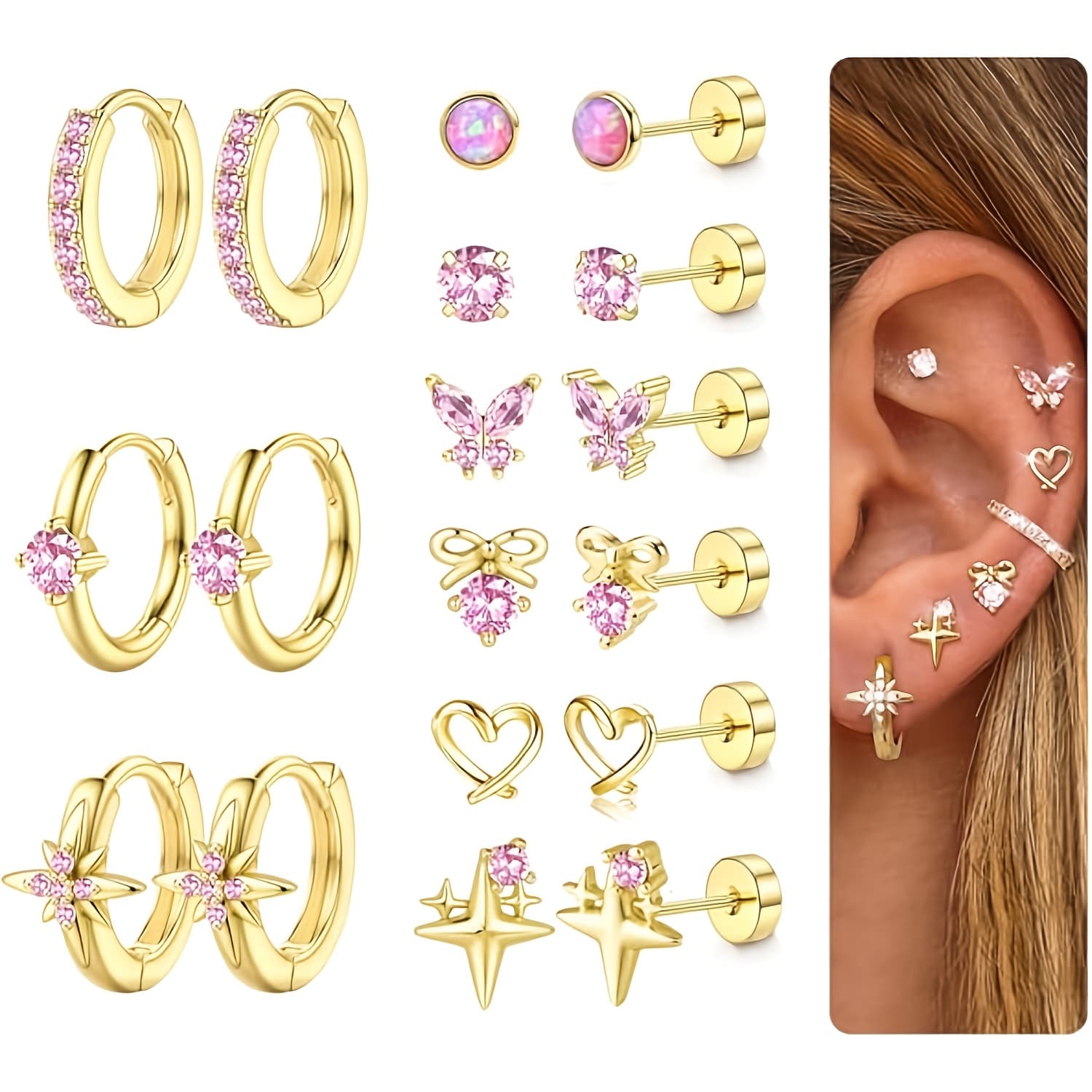 TEMU 9 Pairs For Men Women Flat Back Earrings Stainless Steel In Golden And Silvery Multiple Piercing Earring For Sensitive Ears Lightweight Fit Hypoallergenic Trendy