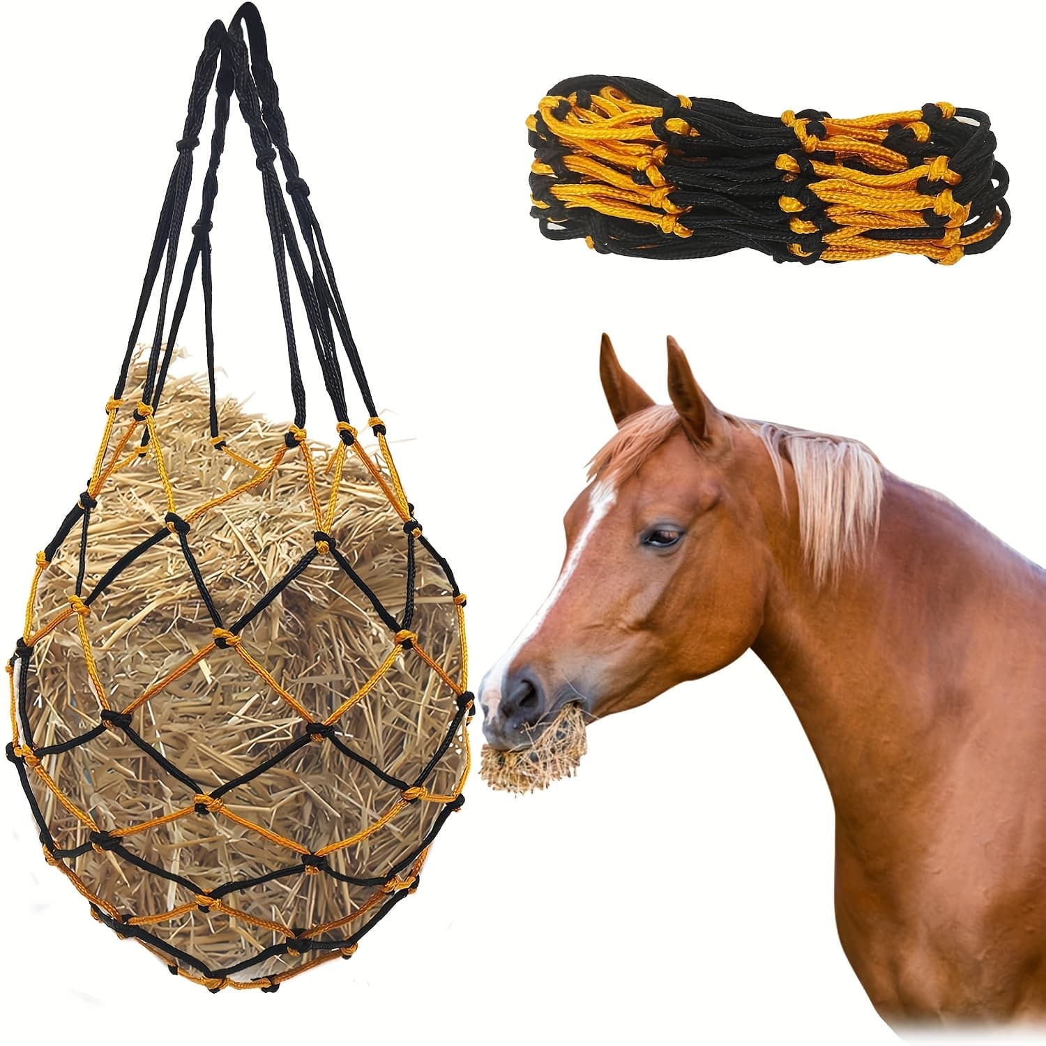 TEMU 1pc Slow Feed Hay Bag Hay Net For Horses, Goats, Sheep, Donkey 33 Inch Length, Livestock Supplies Hanging Hay Nets For Trailer And Stall ( Black+ Yellow)