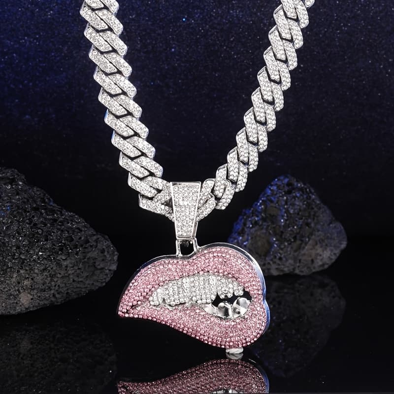 TEMU 1pc Pink Lip Pendant Necklace For Women With Choker Ice Cuban Chain Miami Men's And Women's Hip Hop Cuban Link Chain Necklace For Women Men Jewelry Gift Birthday Gift, Gift, Family Gift