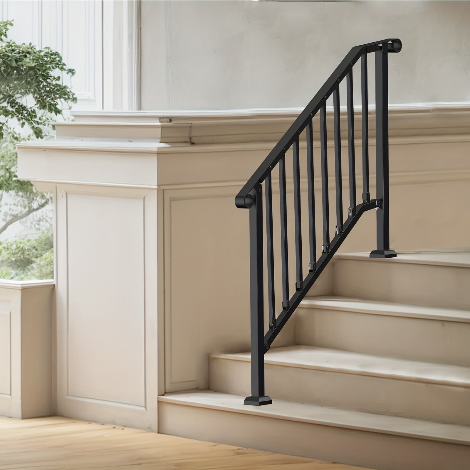 TEMU Handrails For Outdoor Steps, 3-4 , 2 Steps, 1 Step, Stair Hand Rail Kit, Iron Railings With Installation Kit, Stair Rails For Seniors, Concrete Steps & Porch & Deck, Black Retro Arch