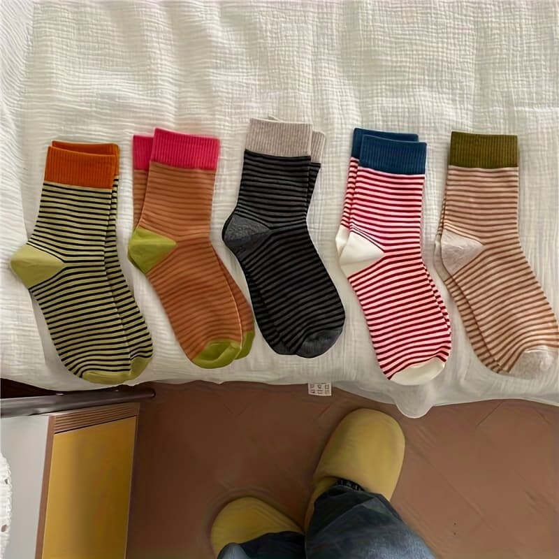 TEMU 5-pair Color- Ribbed Cuff Striped Autumn/winter Slouchy Socks, Casual -style Mid-calf Socks