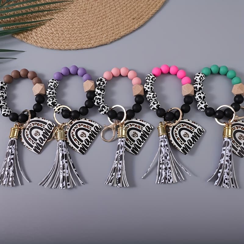 TEMU 5pcs Set Of Cow Patterned Beads Monochrome Beads Beaded Wrist Keychains Cow Patterned Tassel Leopard Print Charm Keychains Holiday Gifts For Mothers Gifts