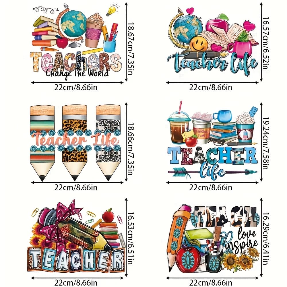 TEMU 6pcs Teacher Themed Iron-on Transfers, Assorted Colorful , Washable Vinyl Heat Transfer Patches For T-shirts, Perfect For Teacher's Day Clothing Decoration