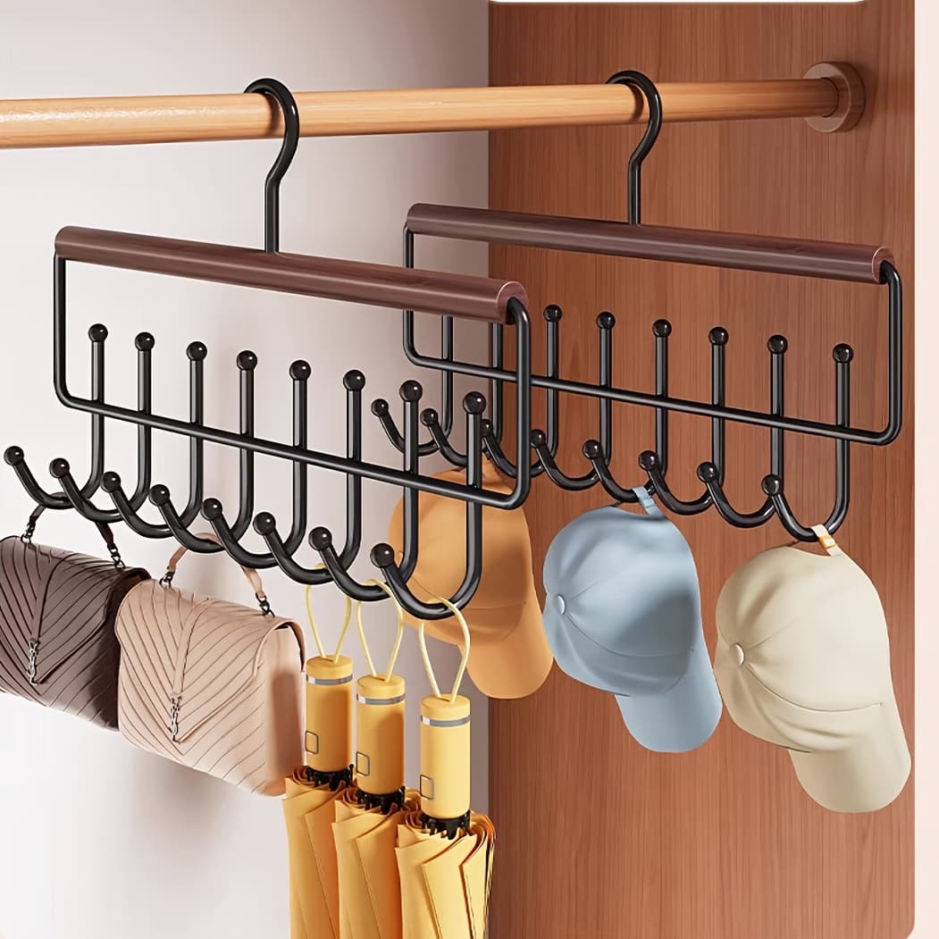 TEMU 2pcs Wooden Hangers With 8 Hooks, Tie Racks, Vest Storage Rack For Underwear And Clothes, 360° Rotating Space-saving Underwear Organizer With Metal Hooks, Perfect For Home And Clothing Stores