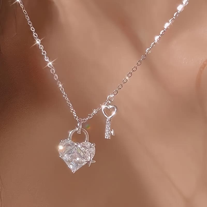 TEMU 1 925 Silver Heart Lock And Key Pendant Necklace, Synthetic Zirconia Jewelry, Suitable For, Clavicle Chain, Jewelry Gift For Birthday Party