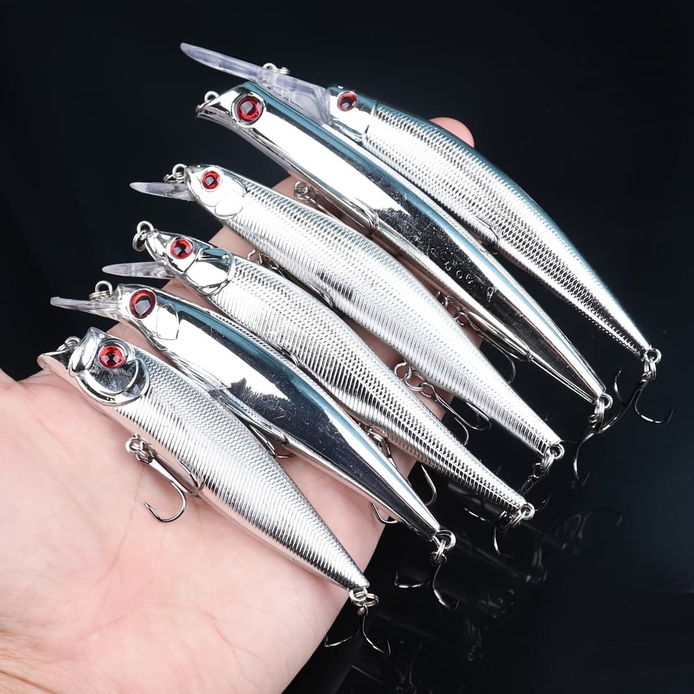 TEMU Set Of 6 Silver Bionic Minnow Lures, Hard Artificial Bait Featuring Treble Hooks, Ideal For Fishing And Hunting