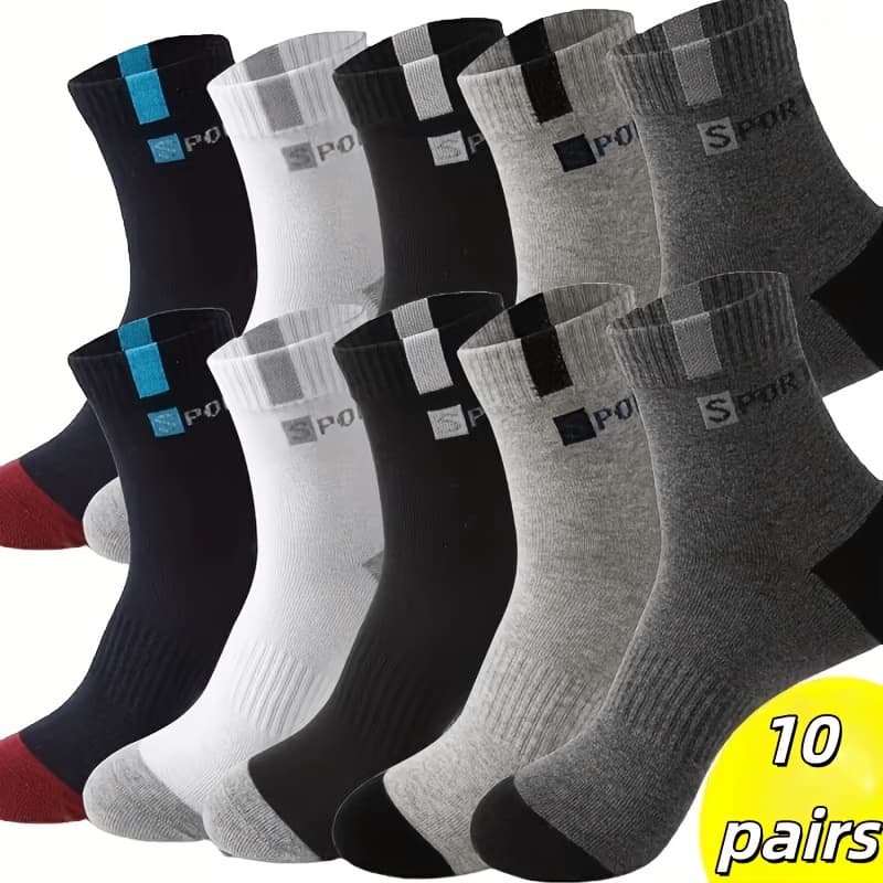 TEMU 10/5 Pairs Of Breathable Men's Sports Socks, Fashionable Letter Print High Elastic Outdoor Running Socks, 100% Polyester Fiber, Moisture Wicking, Reinforced Heel, Multiple Colors, Hand Wash Or