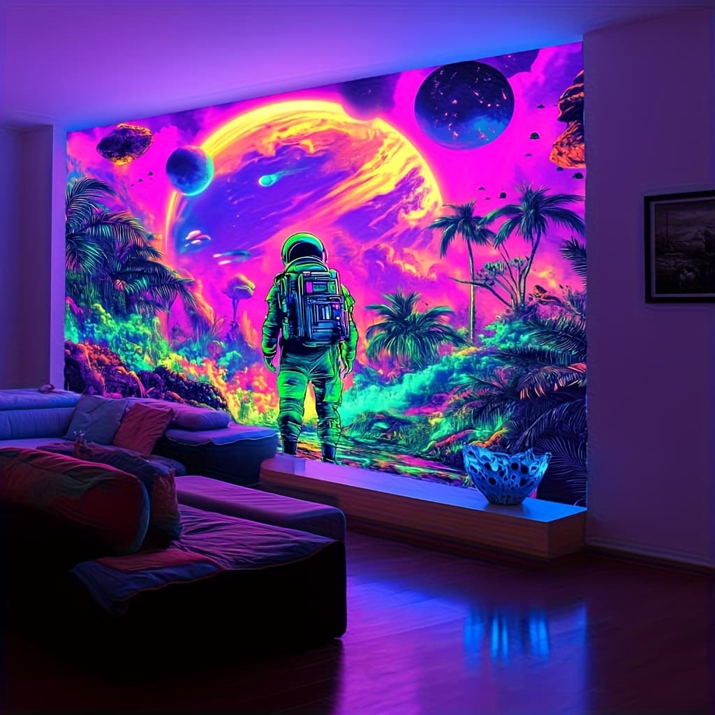 TEMU Astronaut Tapestry - Uv Reactive Polyester Party Backdrop, Glow In The Dark Wall Hanging, Summer Holiday Decor, No Electricity Needed