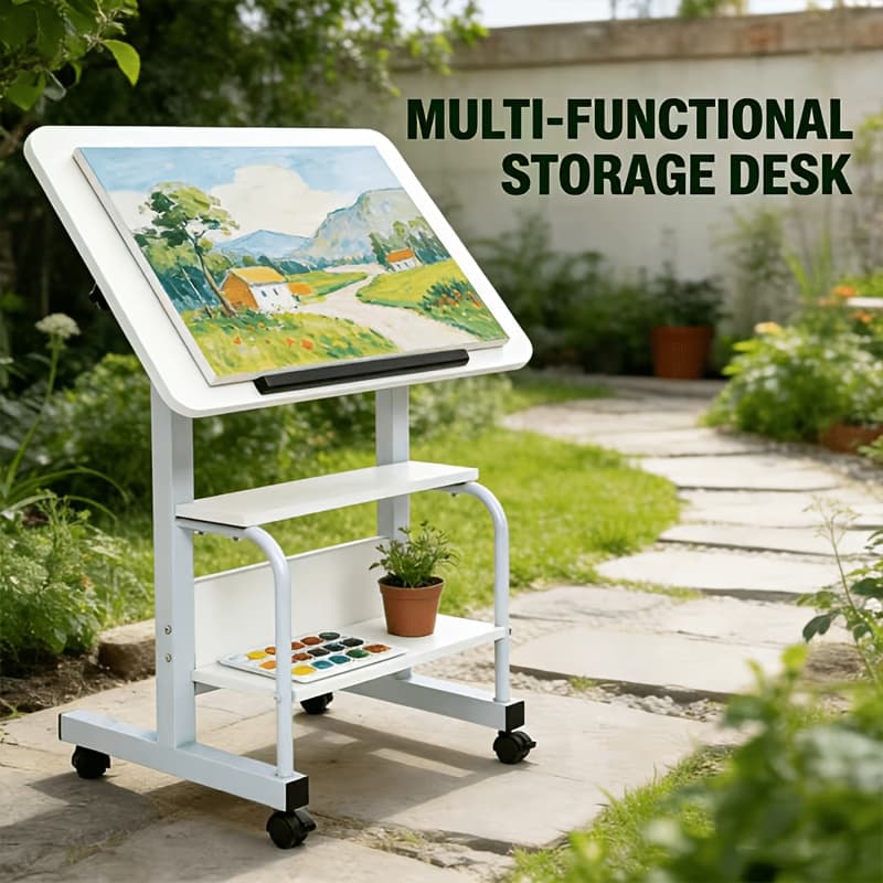 TEMU Multi-functional Office Desk | Adjustable Height, Portable With Double Storage Shelves, 180-degree Flip, Suitable For Office, Bedroom, Courtyard, Garden, Potted Plants, Outdoor Garden Table