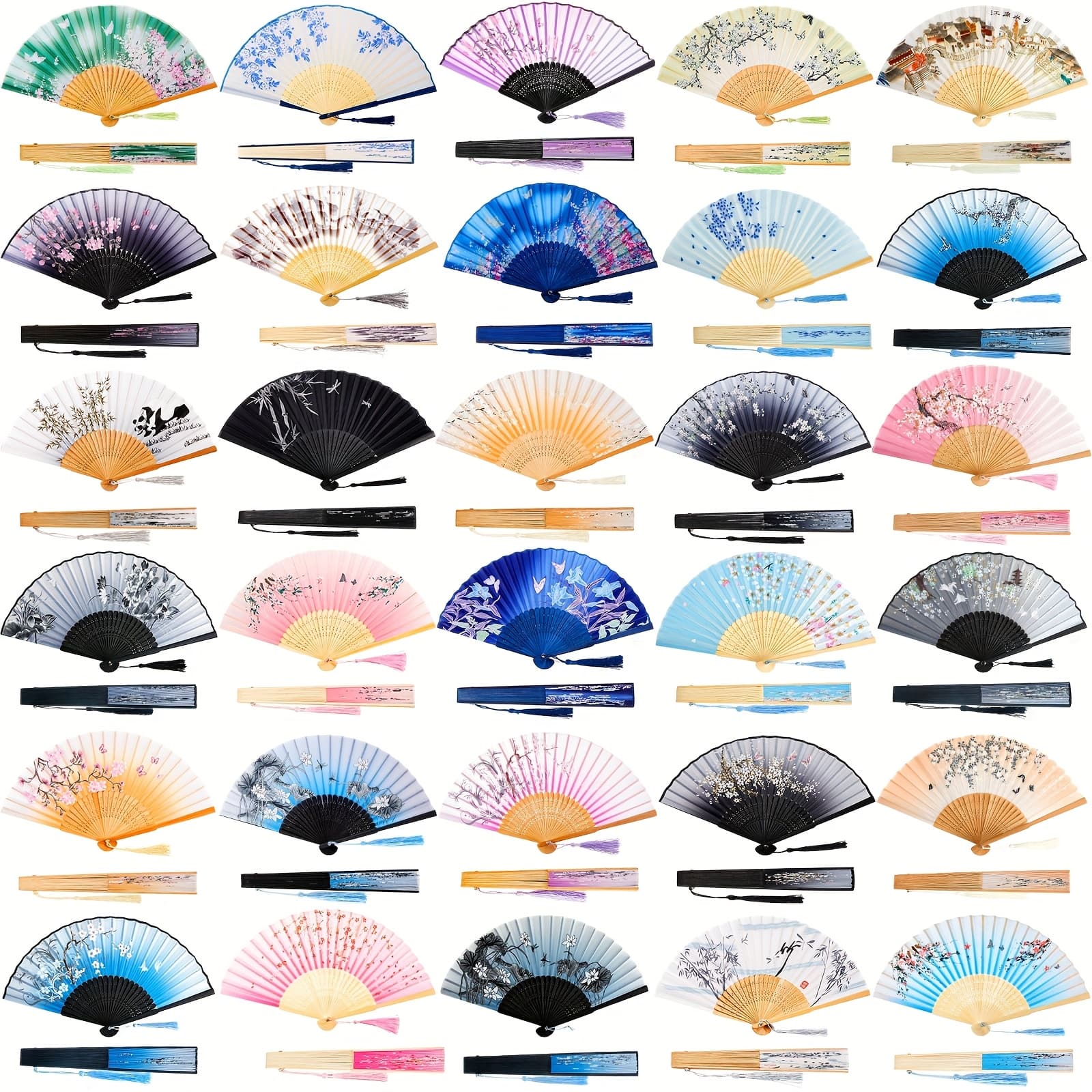 TEMU 30pcs Floral Hand Fan Chinese Vintage Style Folding Fan Handheld Fan Foldable Bamboo Framed Foldable Fan Fabric Fans With Elegant Tassel Decorative Folding Fans For Women Wedding Party
