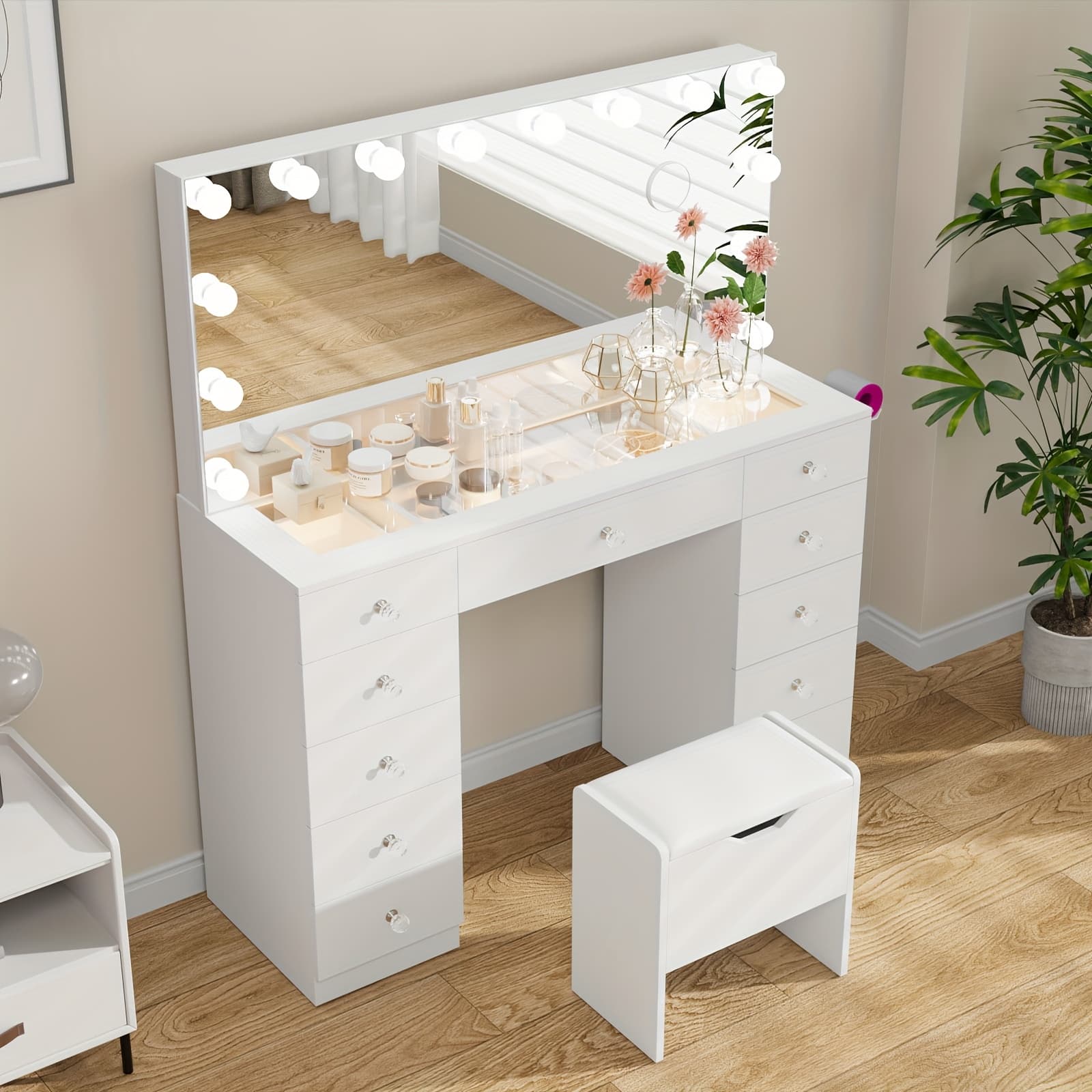 TEMU 46" Makeup Vanity Desk With Power Outlet, 11 Storage Drawers & Soft Stool, 14-bulbs Lighted Mirror, 3-color , Vanity Set For Bedroom