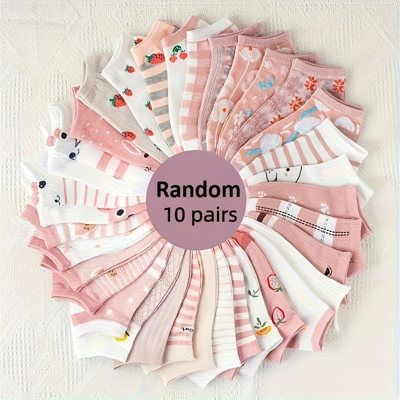 TEMU 10 Pairs, Women's Short Socks, Floral, Socks For Spring Summer Autumn, Women's Low-cut Socks, Soft Comfortable Breathable, Random Styles