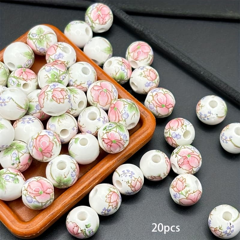 TEMU 20 Pink Floral Patterned Ceramic Decorative Beads For Jewelry Making, 10mm Round Ceramic Beads For Embellishing Bracelets, Earrings, And Pendant Crafts