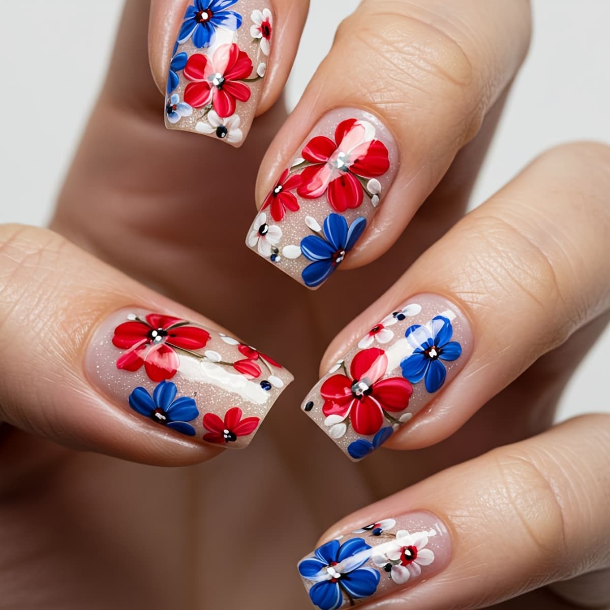 TEMU 24pcs 24pcs Blue Red White Floral Press-on Nails Suitable For Women' & Day Gifts, Medium Square Acrylic Fake Nails With Glossy Finish, Removable Nail Stickers For Spring Summer Holiday Nail