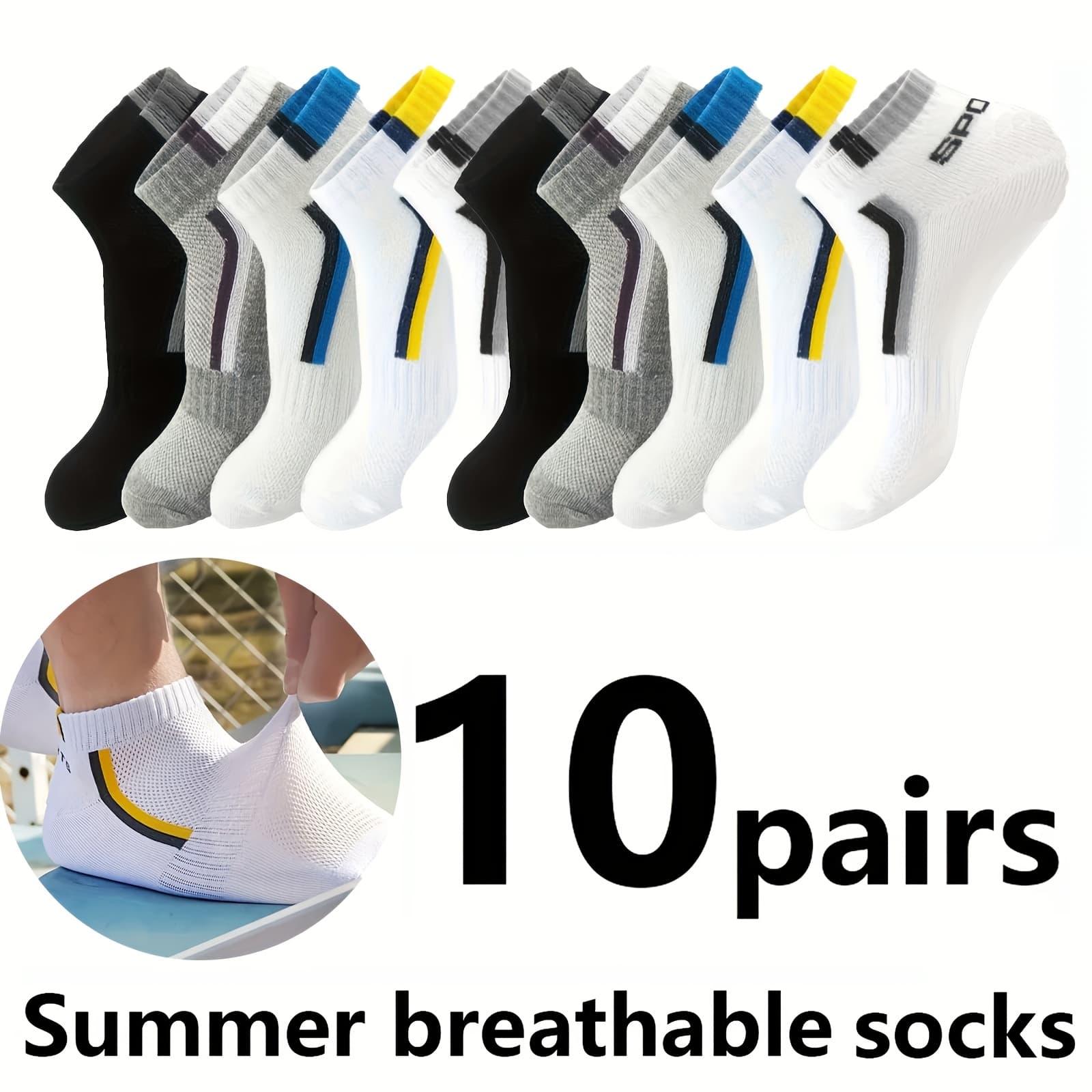 TEMU 10 Pairs Breathable Sports Socks - Sweat Absorbent Low-cut Athletic Socks With Geometric Stripes, Soft Polyester Casual Socks For (white/black/gray) - Gift