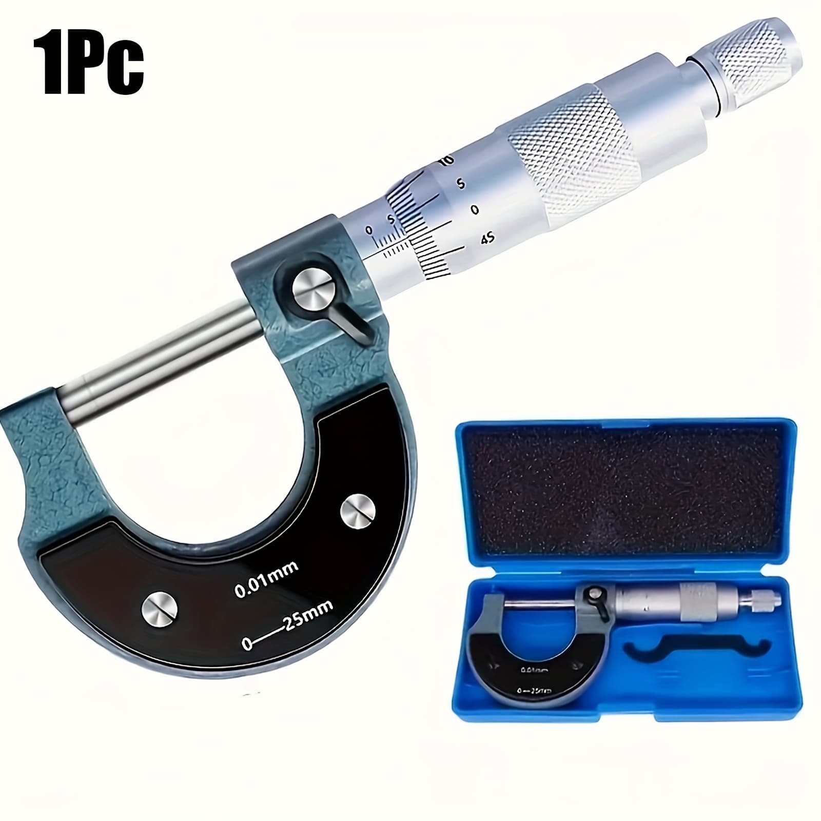 TEMU 1pc Professional Metal Outside Micrometer, 0-25mm/0.01mm Precision, Machinist Gauge With Ratchet Stop & Carbide Anvil, Durable Thickness Caliper With Protective Case
