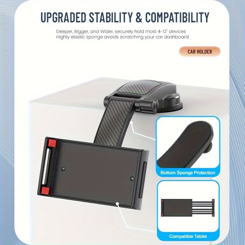 TEMU Adjustable Car Dashboard Suction Tablet And Phone Holder, Fit For 4-12 Inch Devices, Abs Material, , Adjustment For Safe Viewing While Driving