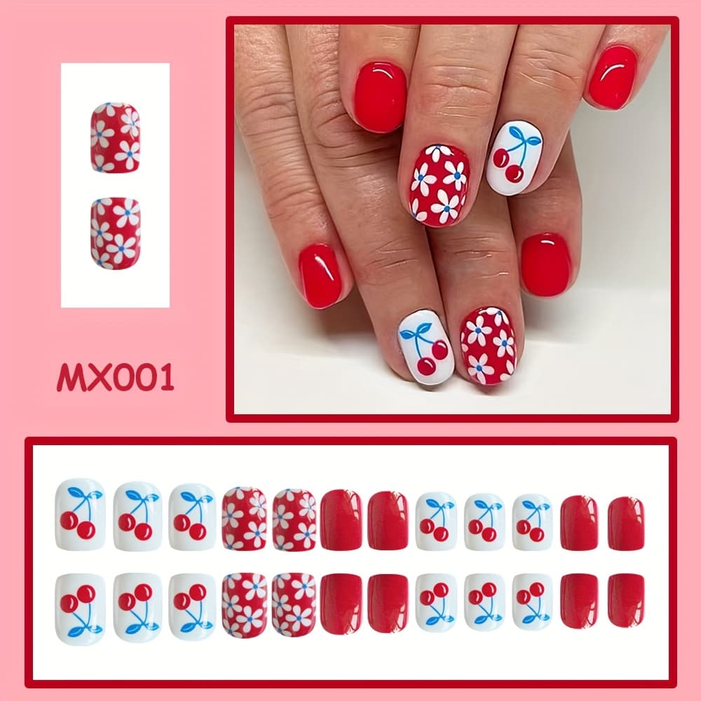 TEMU 24pcs Short Square Cherry Red, Glossy Press-on Fake Nails Set