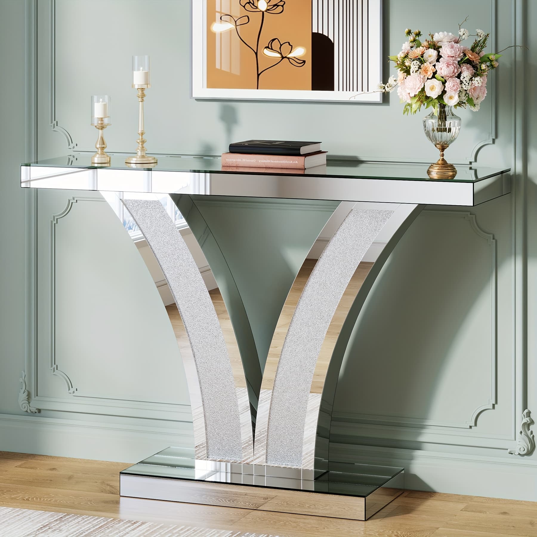 TEMU Mirrored Console Table, Modern Entryway Sofa Table With Crystal Inlay Frames For Living Room, Hallway, Foyer