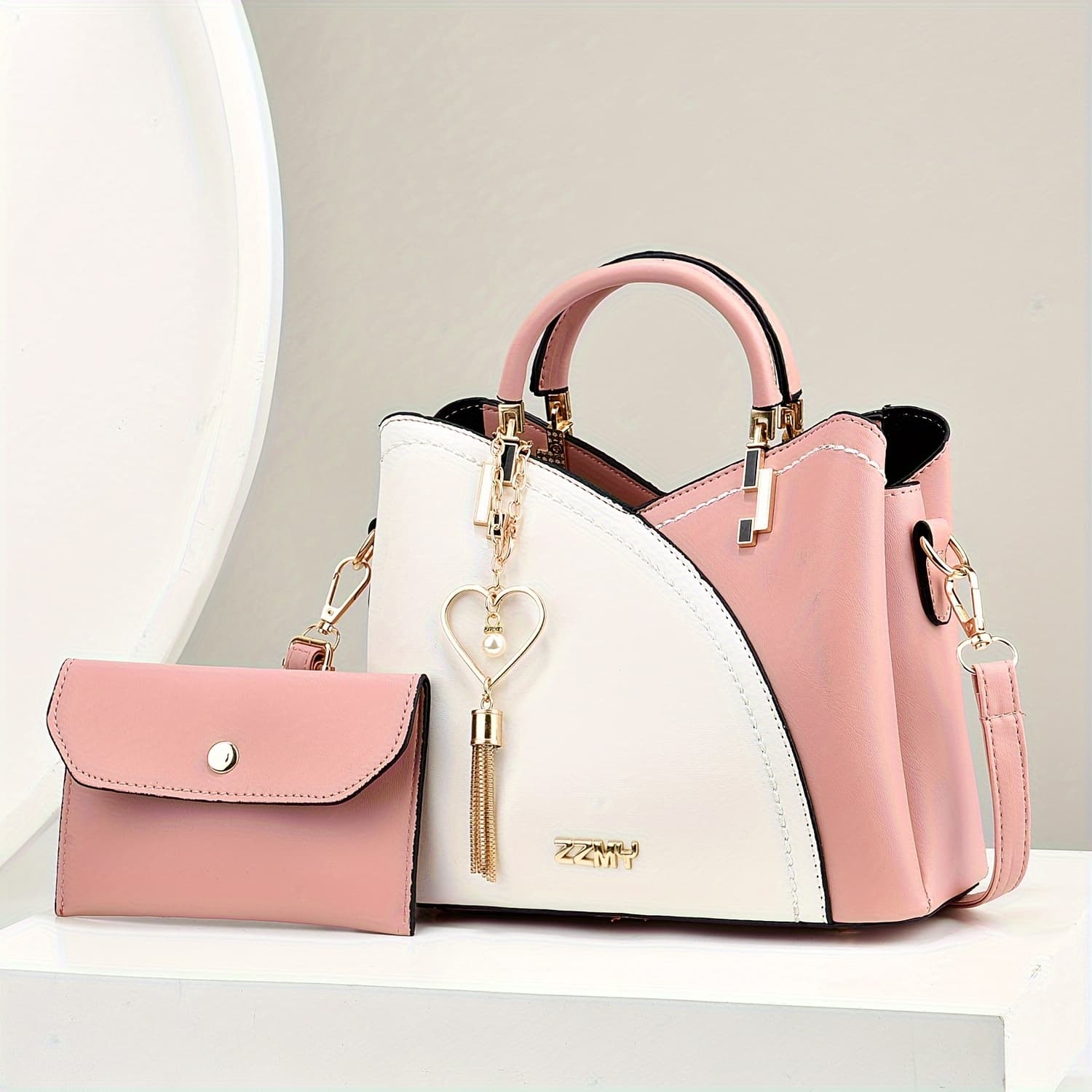 TEMU 2pcs Set Fashion Colorblock Tote Bag With Shoulder Strap And Matching Clutch, Women's Elegant Handbag And Crossbody Purse Combo
