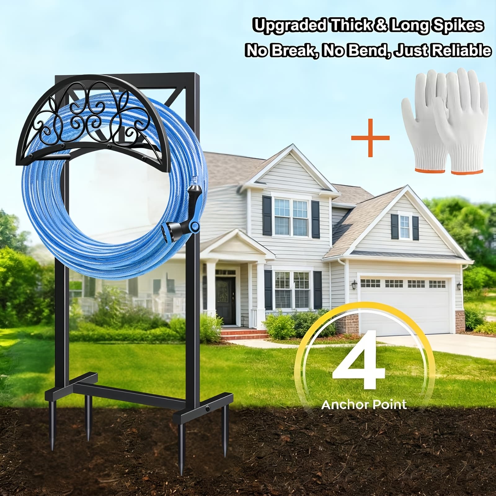 TEMU Heavy Duty Garden Hose Holder - 150ft Capacity Freestanding Water Hose Stand With 4-spike Reinforced Base - Rustproof Outdoor Storage Rack For Yard, Lawn - Bonus Gloves Included
