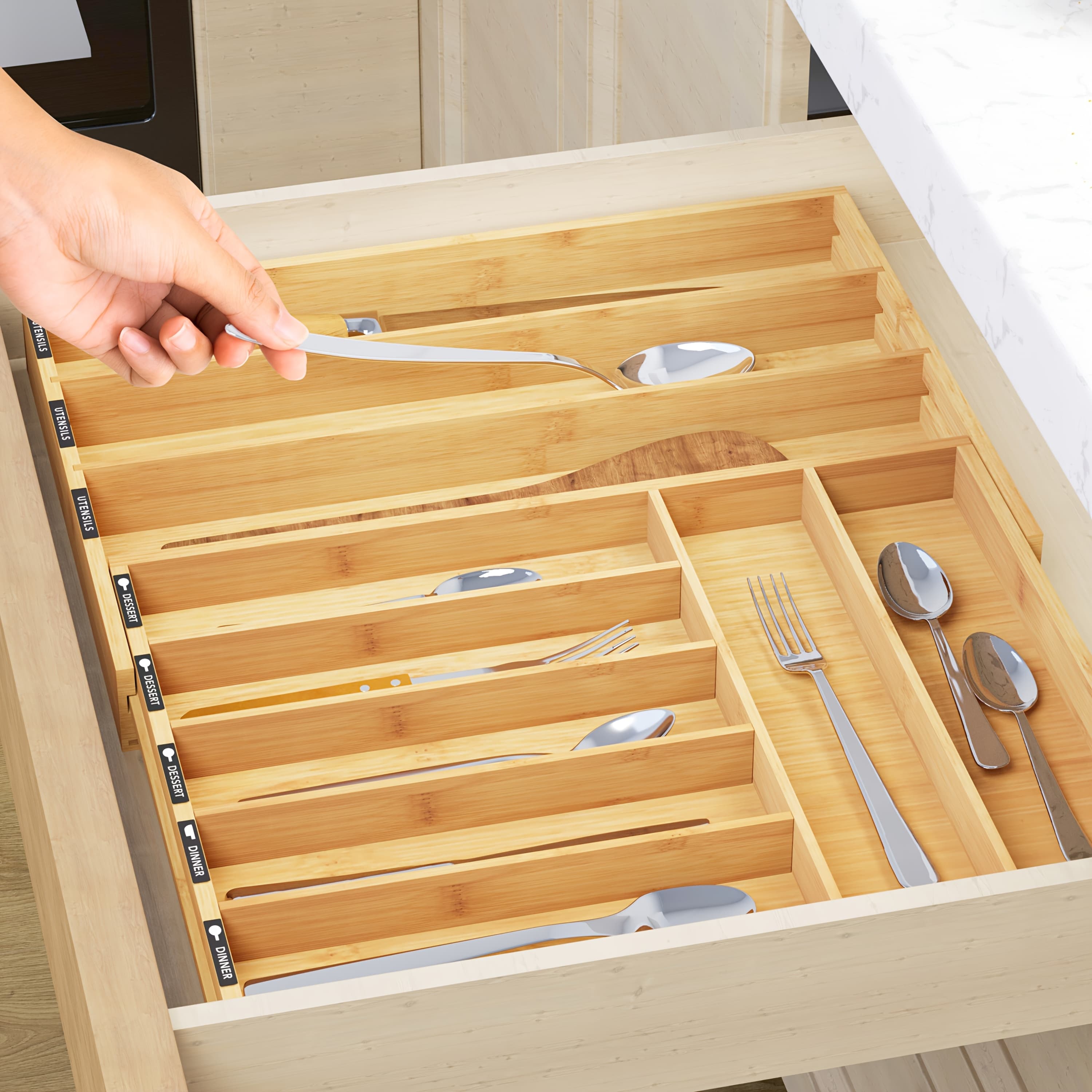 TEMU Expandable Bamboo Utensil Tray Holder | Kitchen Silverware Drawer Organizer With Tags, Unfinished Finish, Insert Mount For Flatware, Knives, And Spoon Storage For Home