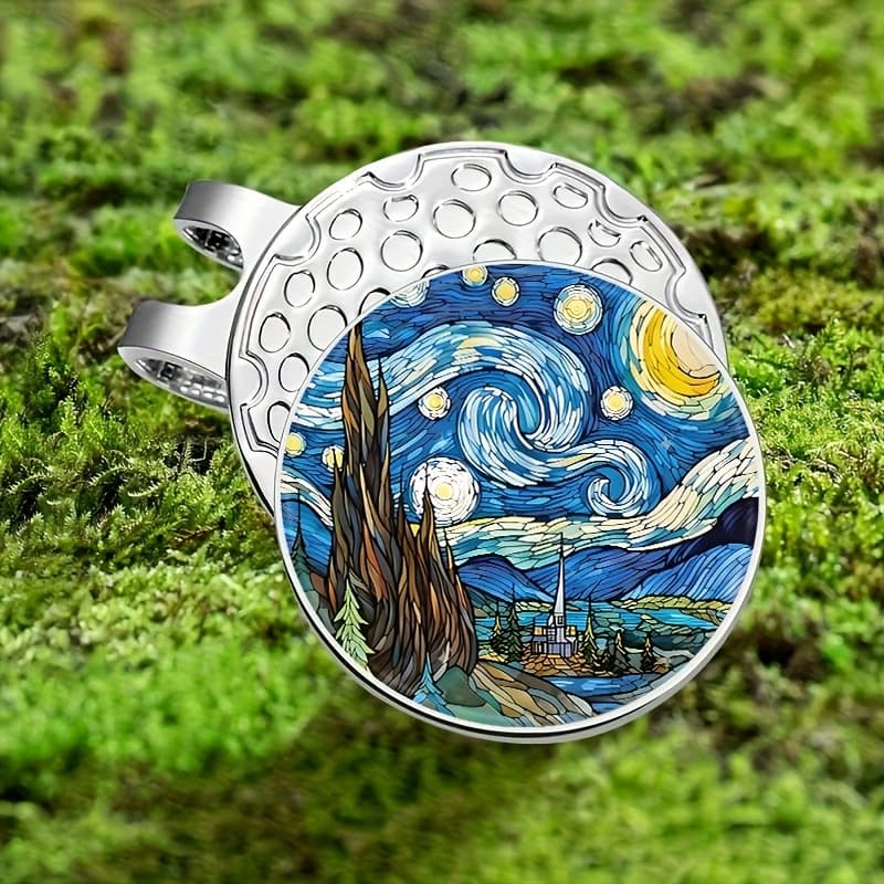 TEMU 1pc Van Starry Night Inspired Magnetic Golf Ball Marker - Night Sky, Strong , Durable Metal Hat Clip For Golfers - Perfect Gift For Art Lovers & Golf Enthusiasts, Vibrant Accessory, Artistic