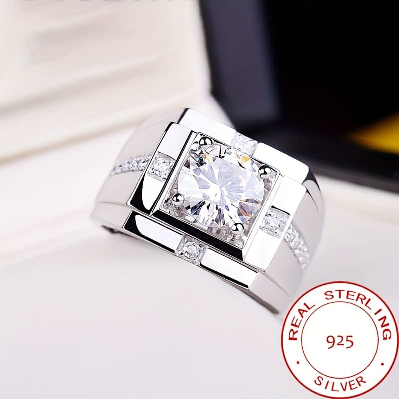 TEMU 925 Silver Inlaid With Shiny Synthetic Synthetic Synthetic Zircon​​ Ring, Personalized And Domineering High-quality Jewelry Men's Ring Weighing About
