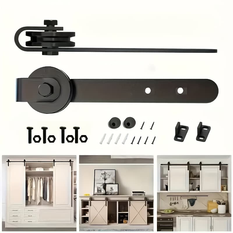 TEMU Heavy Duty Sliding Barn Door Hardware Kit - Matte Black Metal , Sliding Door Hardware, With Mounting Brackets And Wheels, For Tv Cabinet, Wardrobe, Pantry -