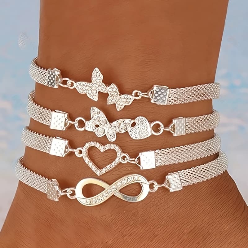 TEMU 925 Silvery 4pcs Elegant And Simple Infinity Symbol Foot Chain Multi-stacking Women's Fashionable Versatile Footwear Gift.total Weight Of The Product (9.95g)