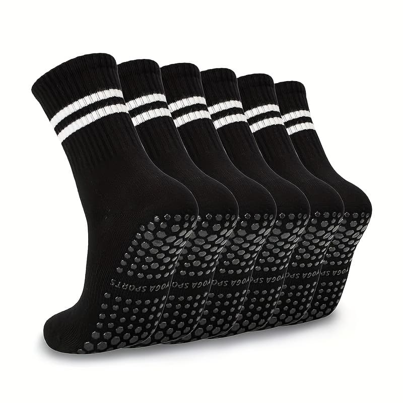 TEMU 5 Pairs Random Pilates Socks With Grips For Women, Non-slip Yoga Striped Crew Socks For Barre Hospital Workout