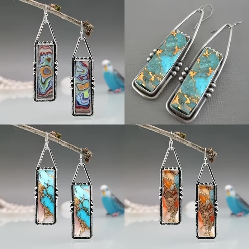TEMU 4 Pairs Of Vintage Bohemian Rectangular Earrings With Colorful Turquoise Texture, Vintage Style Earring Jewelry, Birthday Party And Anniversary Gifts, Christmas And Valentine's Day Gifts