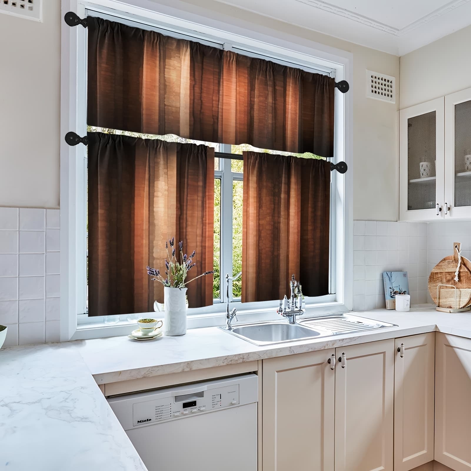 TEMU 3pcs 36 Inch Kitchen Curtains Brown Orange Copper Window Curtains And Valances Set Of 3, Abstract Glass And Vintage Short Tier Curtain, Vintage Small Kitchen Decor