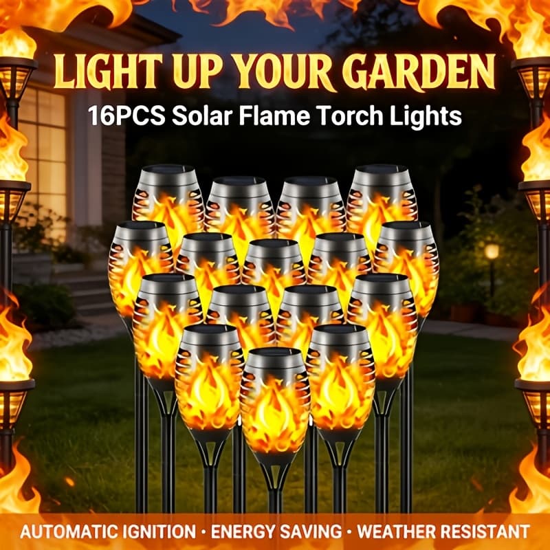 TEMU 16/8/6/2pcs, Ip55, Solar Outdoor Flame Torch Lights, Warm Light. Flickering Flame Lights, Suitable For Outdoor Decoration Lights, Ideal For Christmas, Halloween, Gardens, Yards, And Patios, For