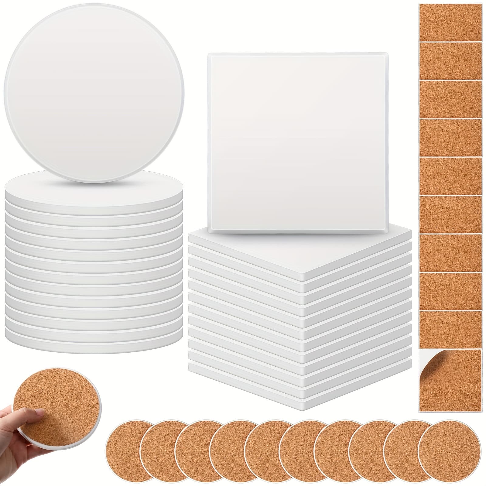 TEMU 48pcs Ceramic Tile For Crafts Coasters Includes Square And Round White Tiles Unglazed Ceramic Coasters With Cork Backing Pads For Project Gifts